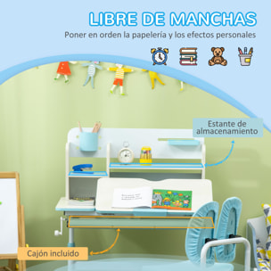 Juego de Escritorio y Silla para Niños de +3 Años Pupitre Infantil Altura Ajustable con 1 Cajón 1 Estante para Libros y Tablero de Mesa Inclinable 80x52x88-109 cm Azul y Blanco