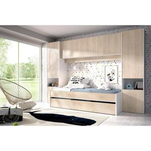 Letto per bambini Venturosa, Cameretta completa con armadio a ponte e cassettone, Composizione con letto e lettino singolo estraibile, 303x97h203 cm, Rovere e Bianco