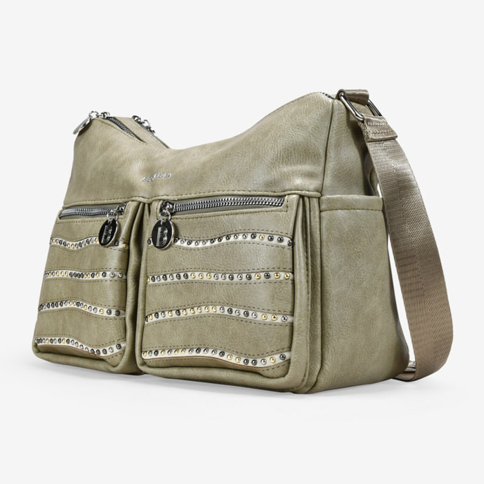 Bolso bandolera verde con bolsillos y tachas