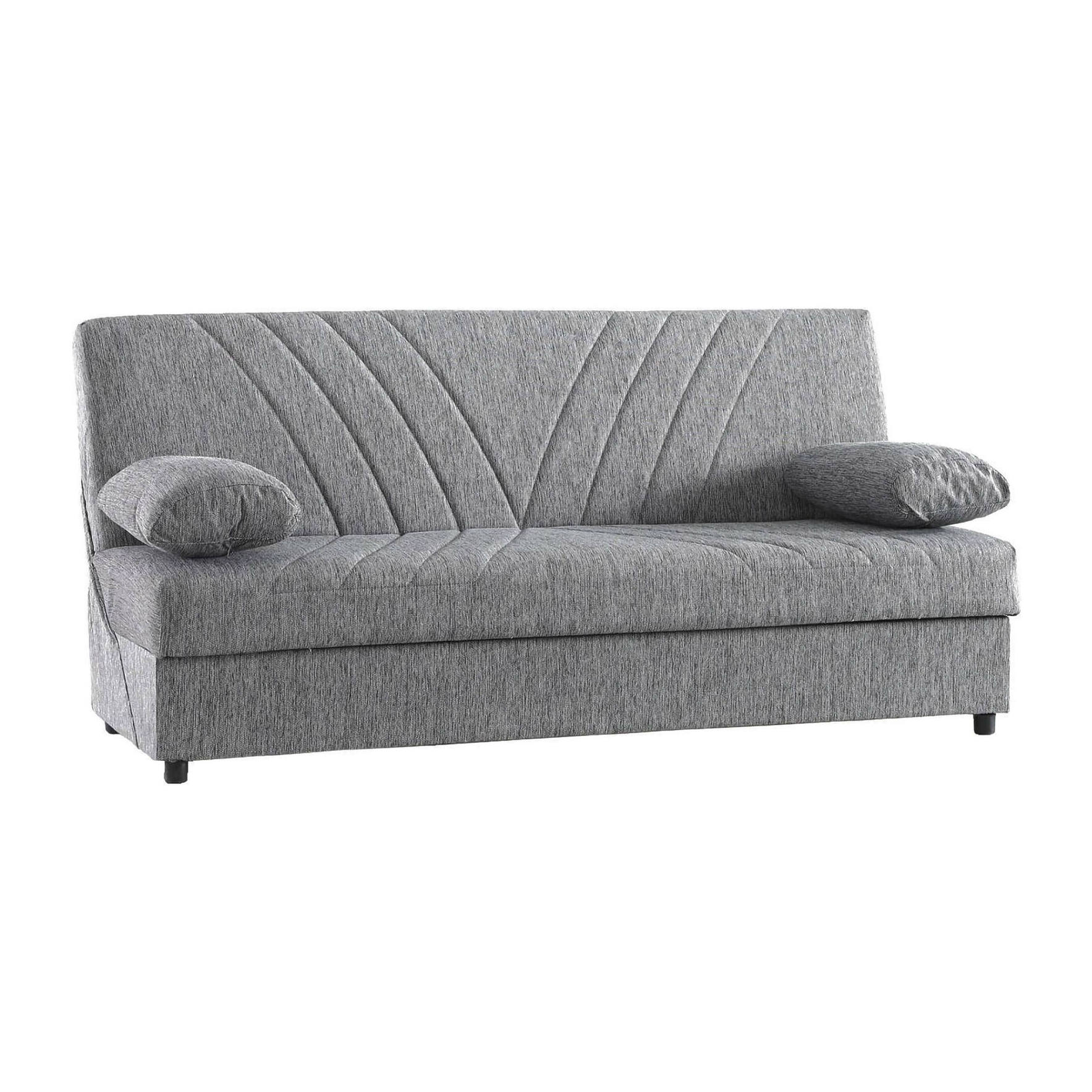 Divano letto Ramon, Divano letto contenitore a 3 posti con 2 cuscini inclusi, Sofà da soggiorno in tessuto imbottito con apertura click-clack, Cm 181x81h88, Grigio