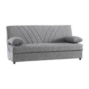 Divano letto Ramon, Divano letto contenitore a 3 posti con 2 cuscini inclusi, Sofà da soggiorno in tessuto imbottito con apertura click-clack, Cm 181x81h88, Grigio