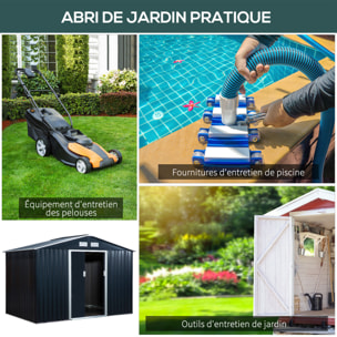 Abri de jardin - remise pour outils - cabanon double porte coulissante - fondation incluse - dim. 277L x 191l x 192H cm - tôle d'acier ondulée anthracite