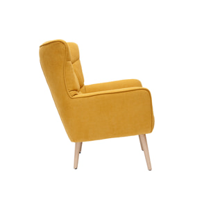 Fauteuil scandinave en tissu effet velours jaune moutarde et bois clair AVERY