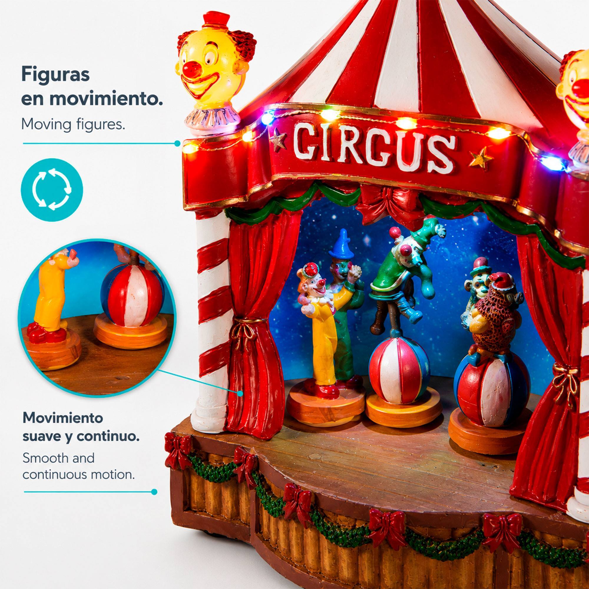 Circo navideño decorativo con led, movimiento y música, alimentación usb en poliresina 17,5x14,5x24 cm