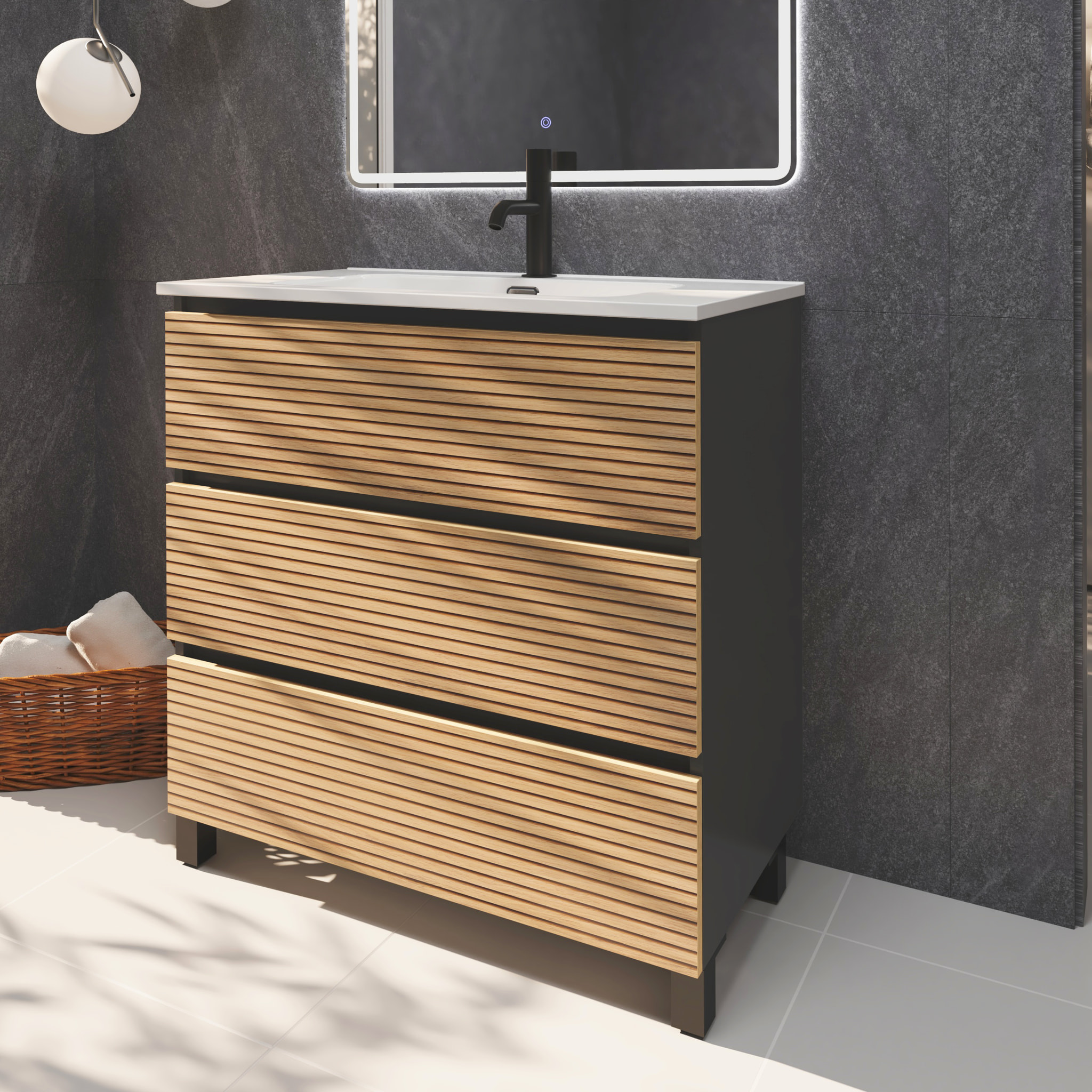 Conjunto de Baño Yinu | 100 cm Negro - Solomon | Tres Cajones | Lavabo Encastrado | No incluye Espejo | Alday