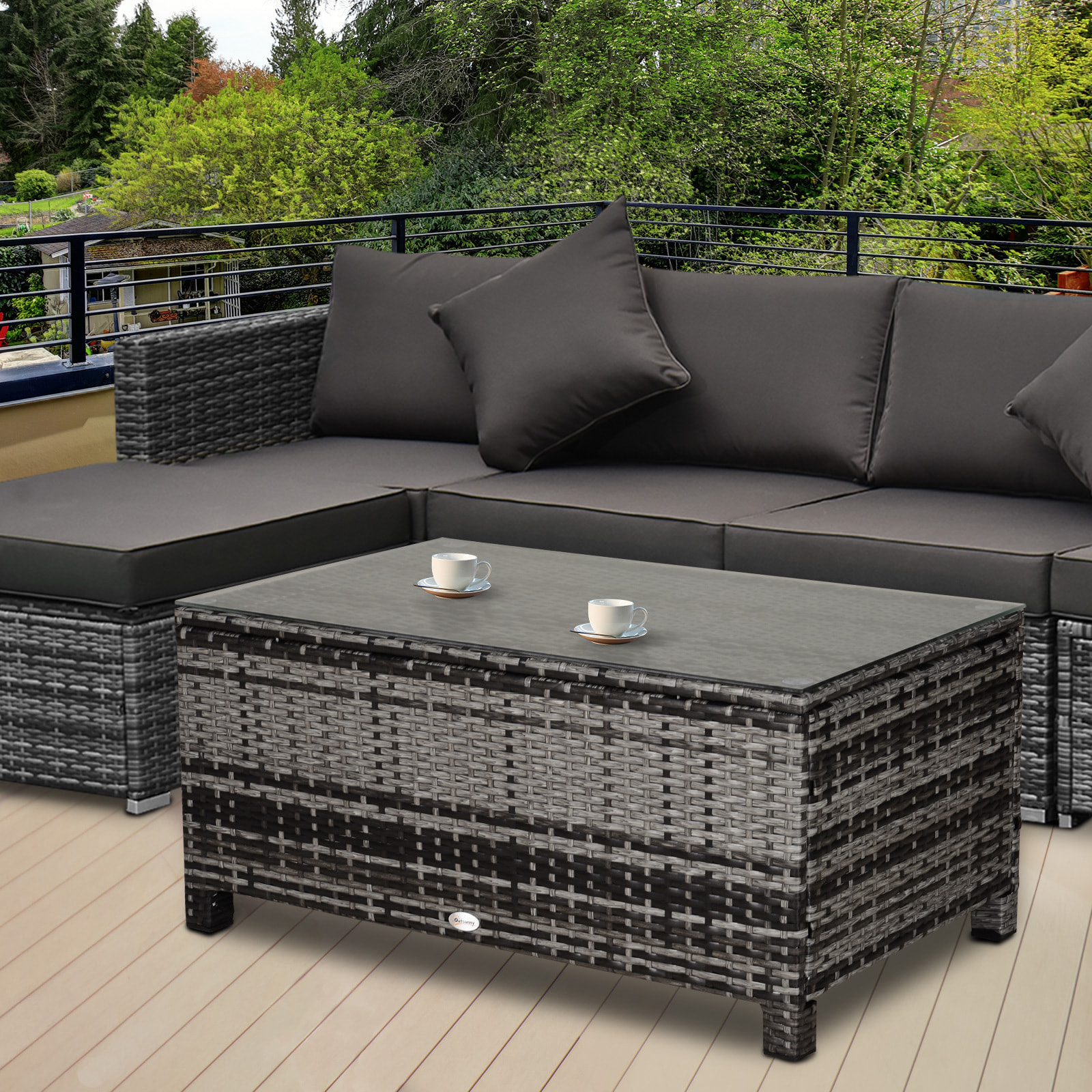 Mesa de Jardín de Ratán Sintético Mesita Auxiliar con Vidrio Templado para Terraza Patio Balcón 85x50x39 cm Gris