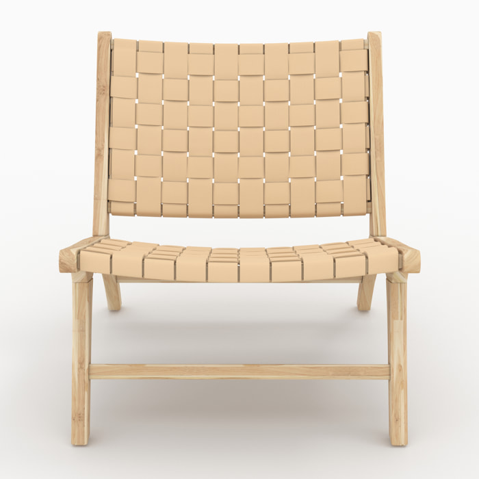 Fauteuil Kuna en teck et cuir tressé beige