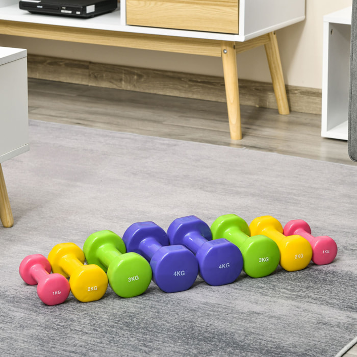 Ensemble d'haltères hexagonales total 20 Kg 8 pièces 1-4 Kg acier PU multicolore