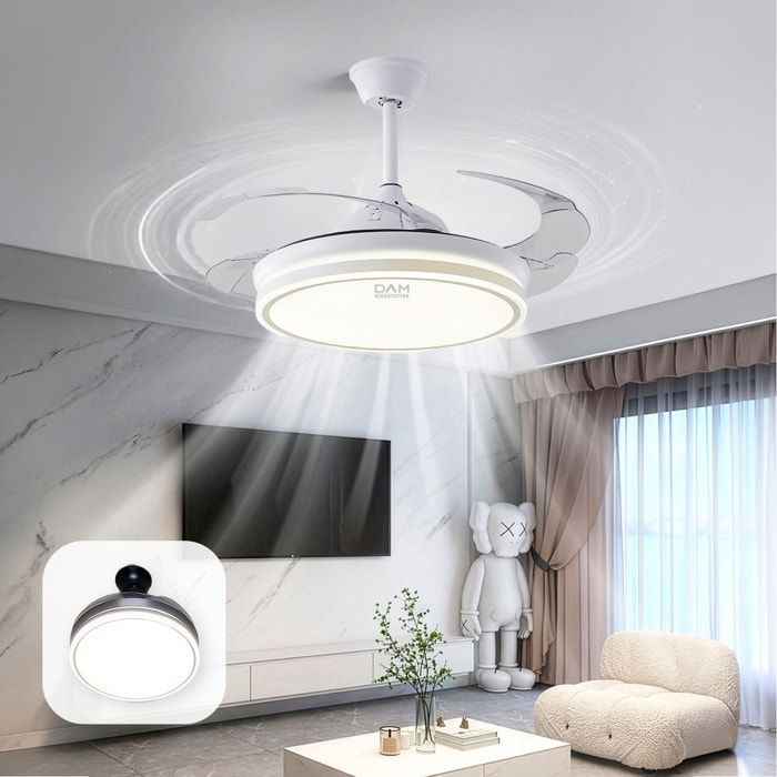 Ventilador de techo L433 107cm, aspas retráctiles, motor DC 30W, luz LED regulable de 60W, 6 velocidades, modo verano/invierno. Mando a distancia.