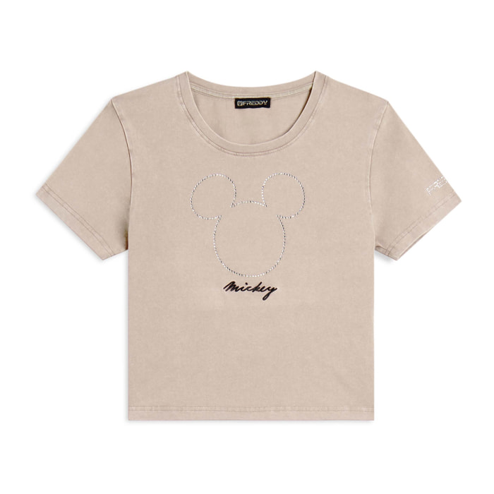 T-shirt cropped da donna con Mickey Mouse in strass
