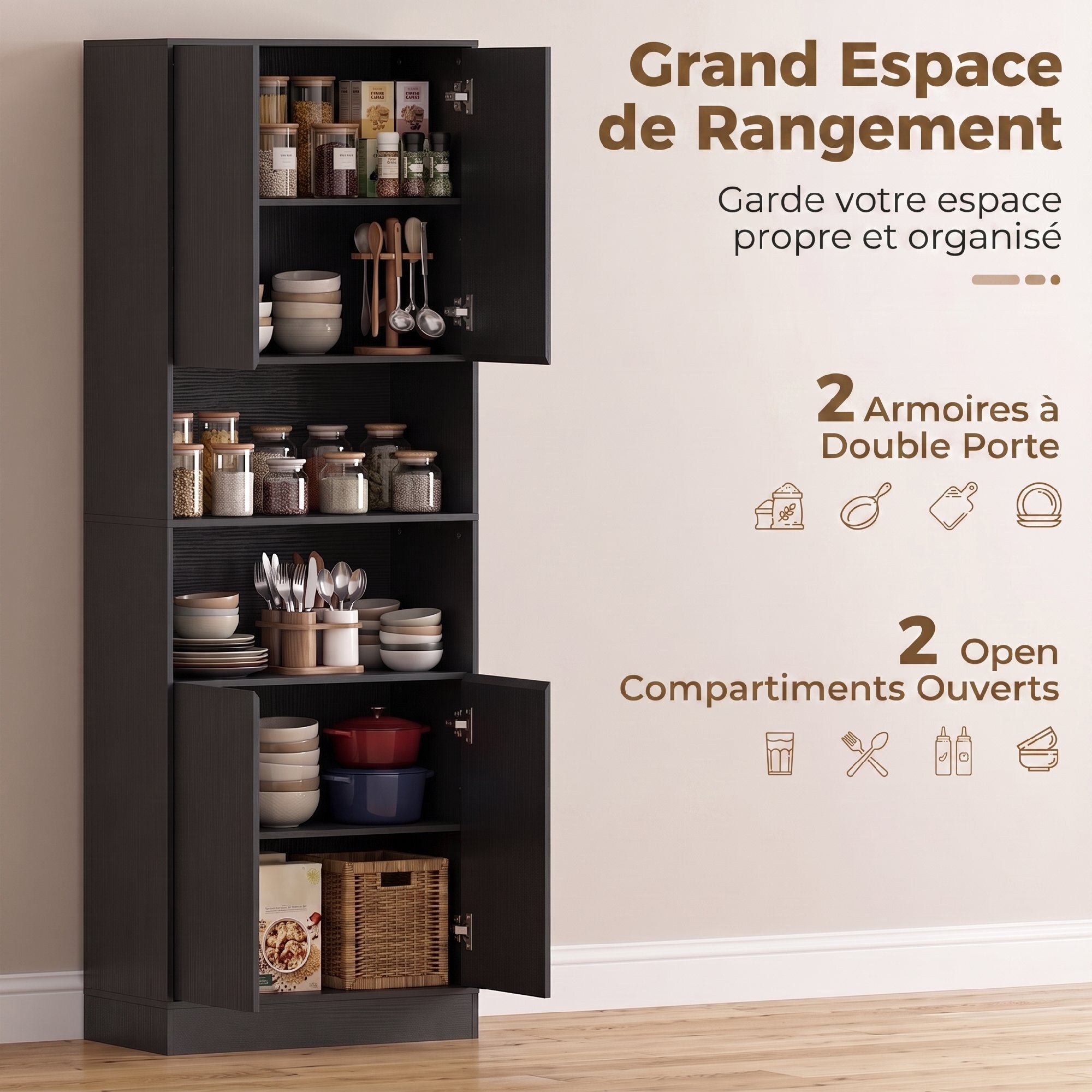 Buffet haut effet bois noir 4 portes 2 étagères 2 niches