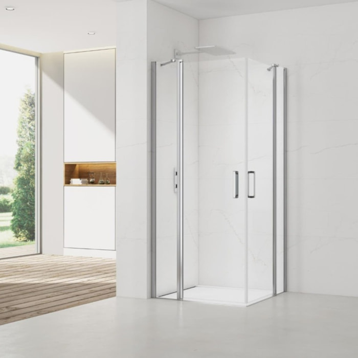 Fusion Portes de douche acces en angle pivotantes 100x100cm anticalcaire avec profilés chrome brillant (SATFUDP100100-SET)