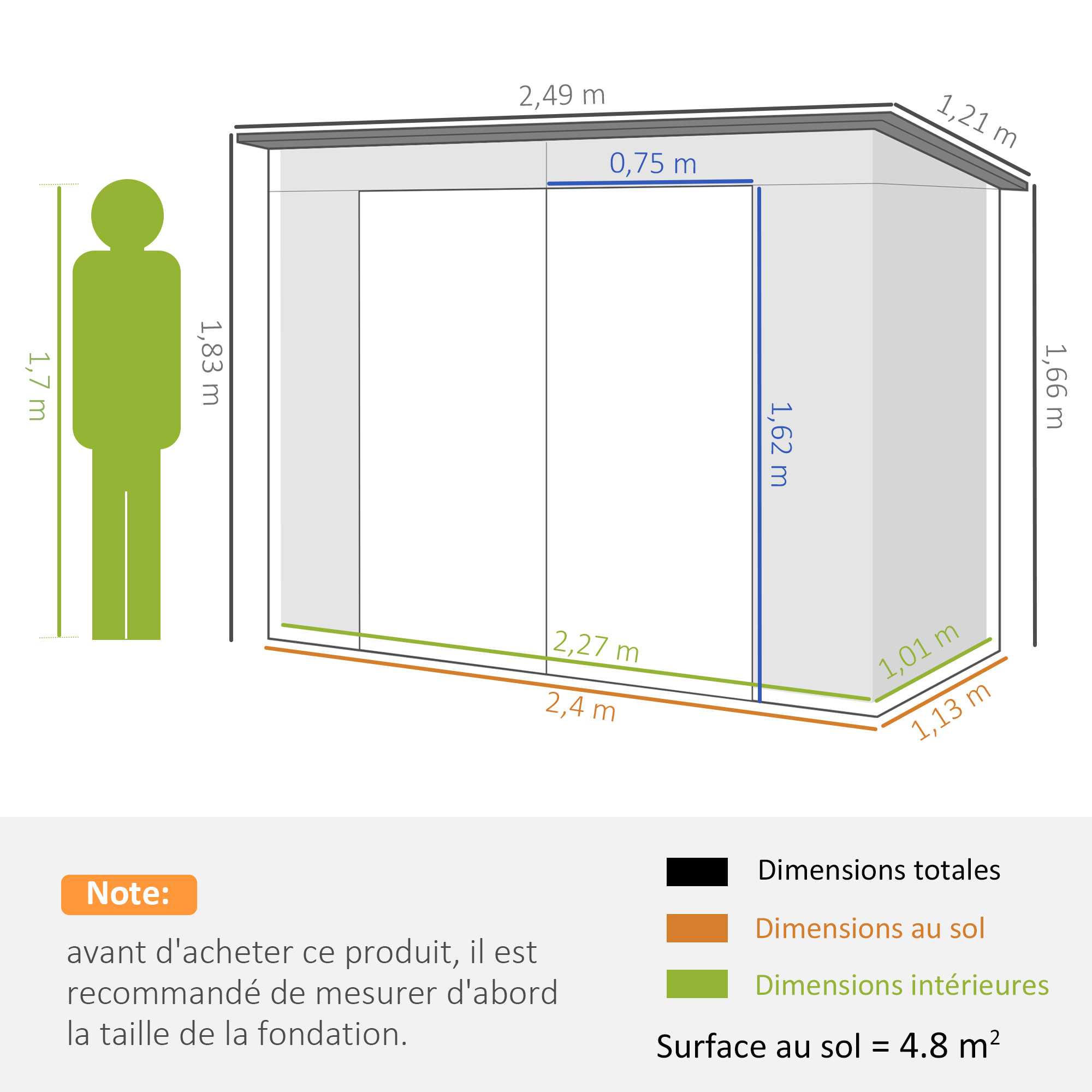 Abri de jardin 3 m² tôle d'acier 2 portes verrouillables 2 évents toit incliné anthracite