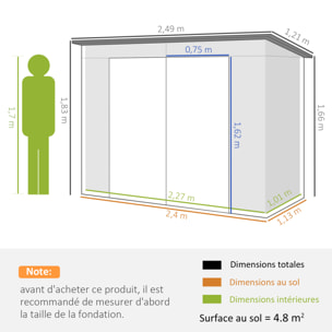 Abri de jardin 3 m² tôle d'acier 2 portes verrouillables 2 évents toit incliné anthracite