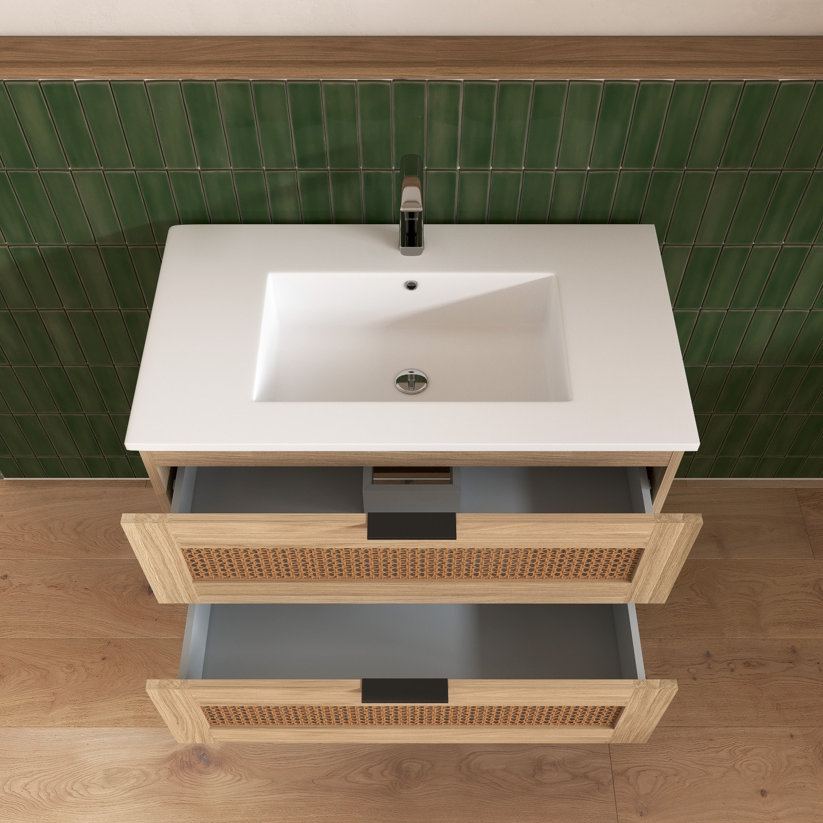 Meuble salle de bain cannage Apolline 60cm décor bois et cannage - 2 tiroirs, vasque et miroir
