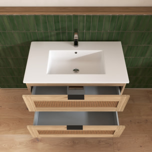 Meuble salle de bain cannage Apolline 60cm décor bois et cannage - 2 tiroirs, vasque et miroir