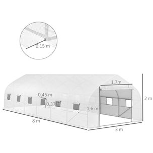 Serre tunnel grande taille 24 m² châssis tubulaire acier galvanisé renforcé 2,4 cm 12 fenêtres 1 porte blanc