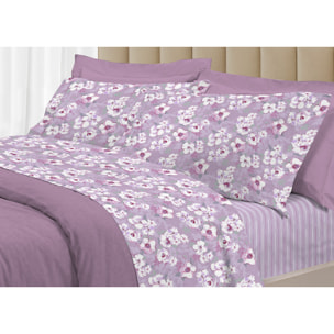 Completo Lenzuola Linea 3027 In Percalle Fantasia Floreale Disegno Indie Rosa