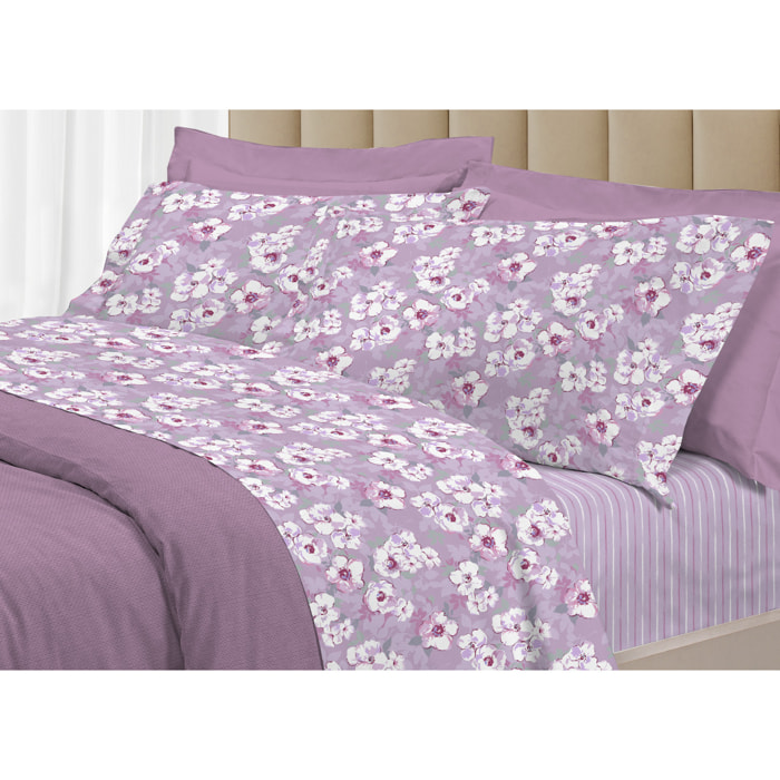 Completo Lenzuola Linea 3027 In Percalle Fantasia Floreale Disegno Indie Rosa