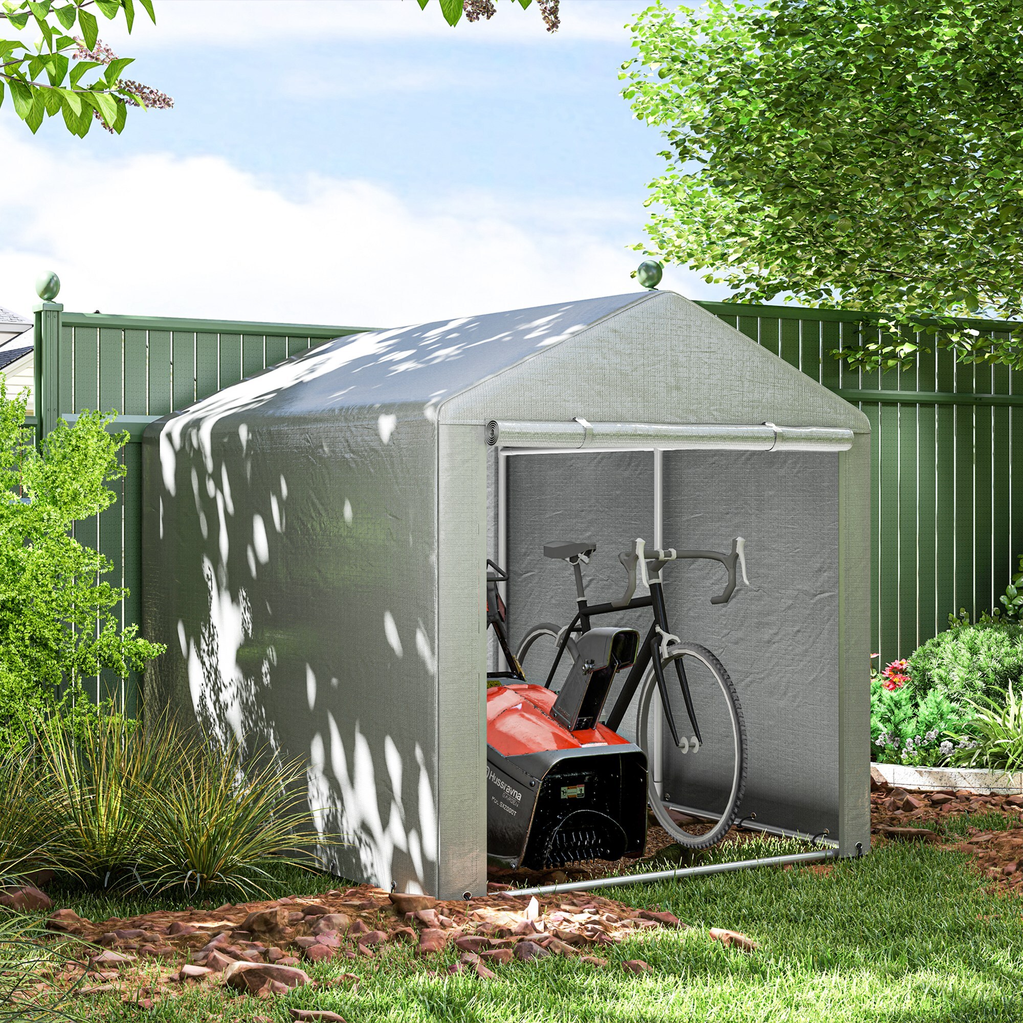 Carpa de Jardín Exterior para Herramientas Bicicletas 1,6x2,2x1,7 m, Cobertizo Exterior con 2 Habitaciones, Puerta Enrollable con Cremallera, Impermeable Anti-UV, Garaje Portátil, Gris Claro