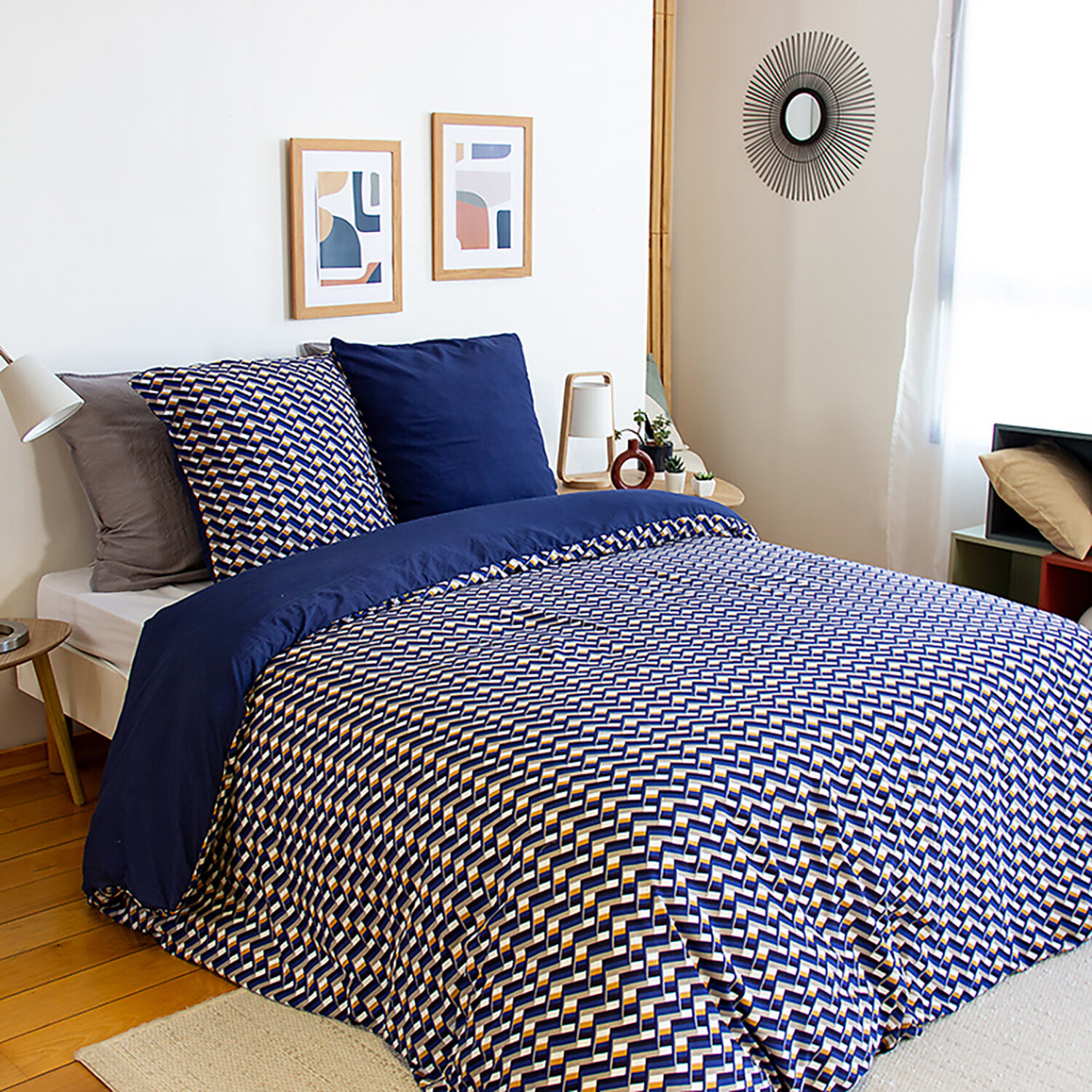 Parure housse de couette en microfibre motif géométrique -bleu