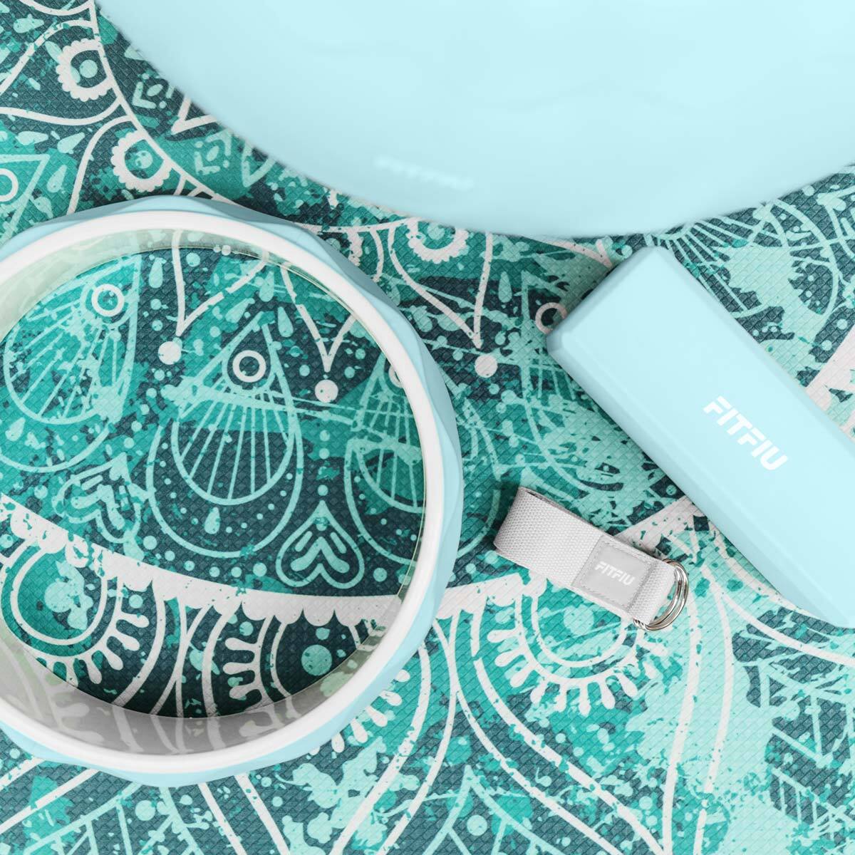 Kit de Yoga y Pilates AZUL 5 accesorios con esterilla, bloque, bola, rueda correa