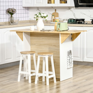 Ilot central de cuisine avec rangements plan de travail rabattable 2 étagères 140L x 55l x 91H cm blanc et aspect chêne clair