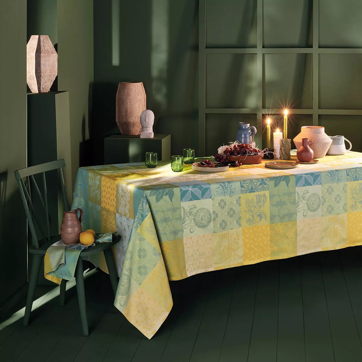 Chemin de table pur coton motif jacquard jaune vert Mille parfums limoni