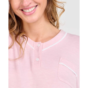 Pijama mujer tejido vigoré, escote en pico decorado con adorno y abertura con botones, cómoda manga larga y pantalón largo