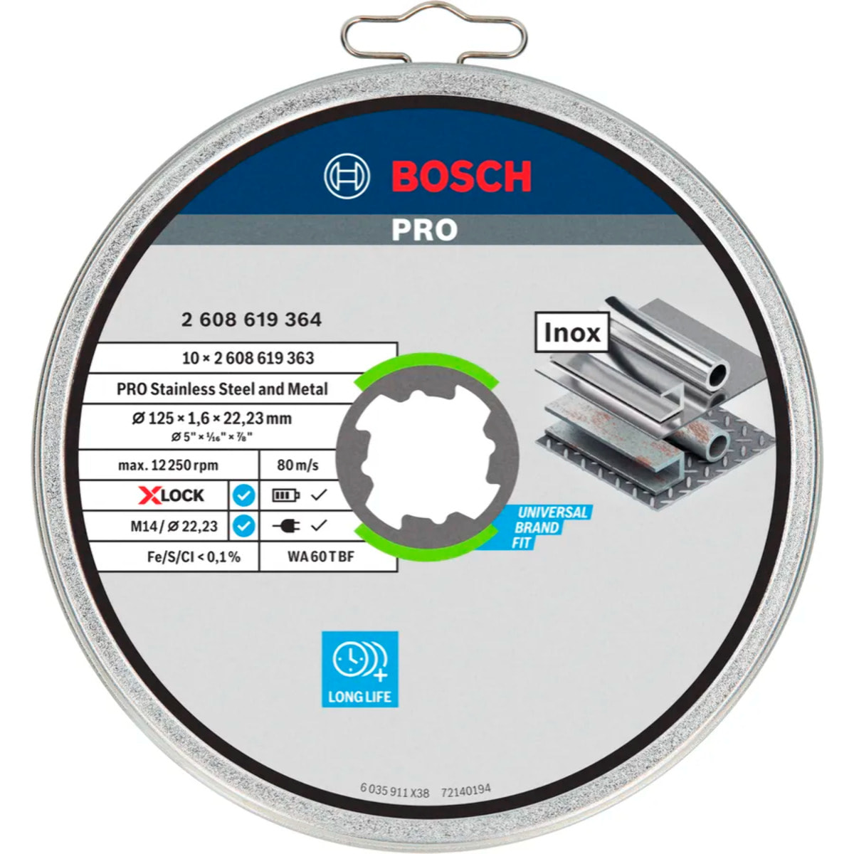 Disques à tronçonner X-Lock Métal/inox - Ø 125 x 1,6 mm - 10 pièces - BOSCH - 2608619364