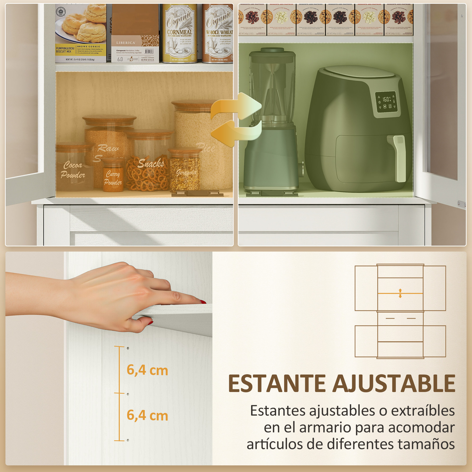 Alacena de Cocina, Mueble Auxiliar de Cocina con 2 Puertas de Acrílico, Cajón Grande, Estantes Ajustables, para Comedor, 76x40x182,5 cm, Crema