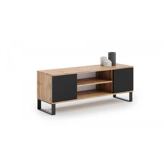 Mobile porta tv con 2 ante e 1 ripiano centrale, Credenza con piedini in metallo, Buffet da soggiorno in stile industrial, cm 155x40h49, colore Acero e Nero