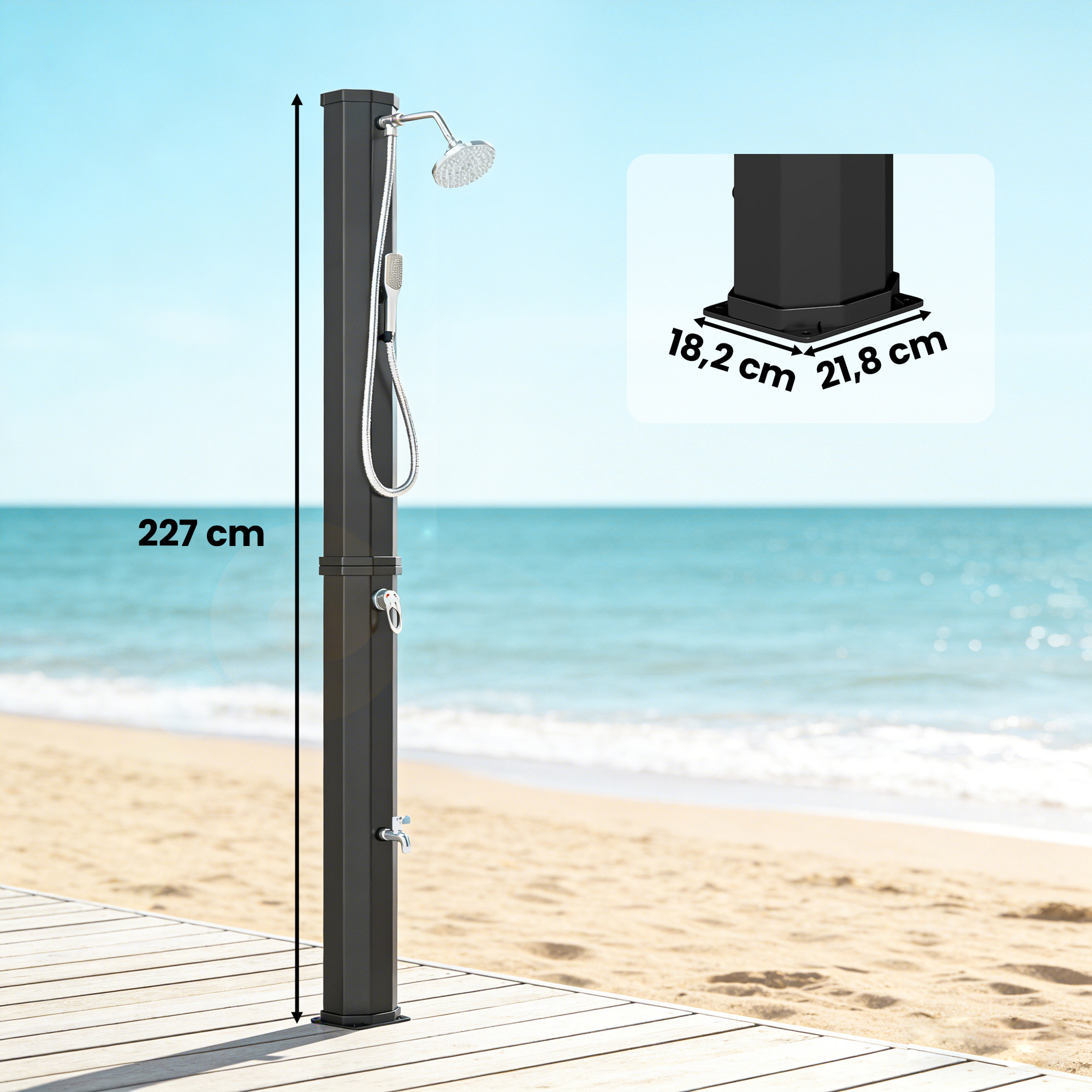 Ducha Solar de Jardín 60 L Ducha Solar Exterior con Cabezal Rociador de Mano Grifo de Pies Agua Fría y Caliente Máx. 60 °C Conexión Manguera para Piscina Camping Patio 21,8x18,2x227 cm Negro