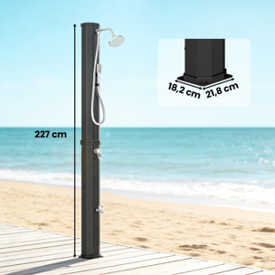 Ducha Solar de Jardín 60 L Ducha Solar Exterior con Cabezal Rociador de Mano Grifo de Pies Agua Fría y Caliente Máx. 60 °C Conexión Manguera para Piscina Camping Patio 21,8x18,2x227 cm Negro
