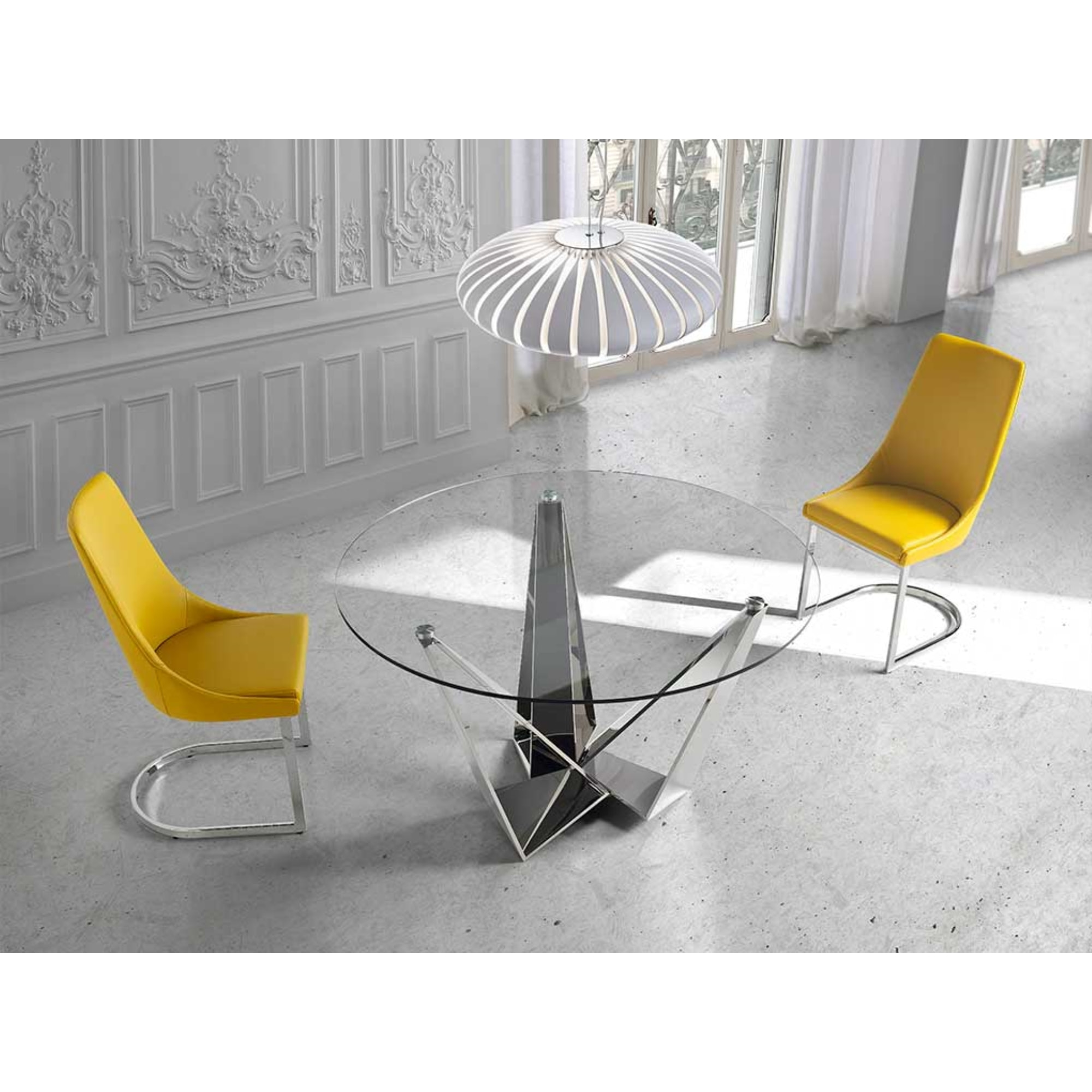 Mesa fija circular – Vidrio y acero efecto espejo