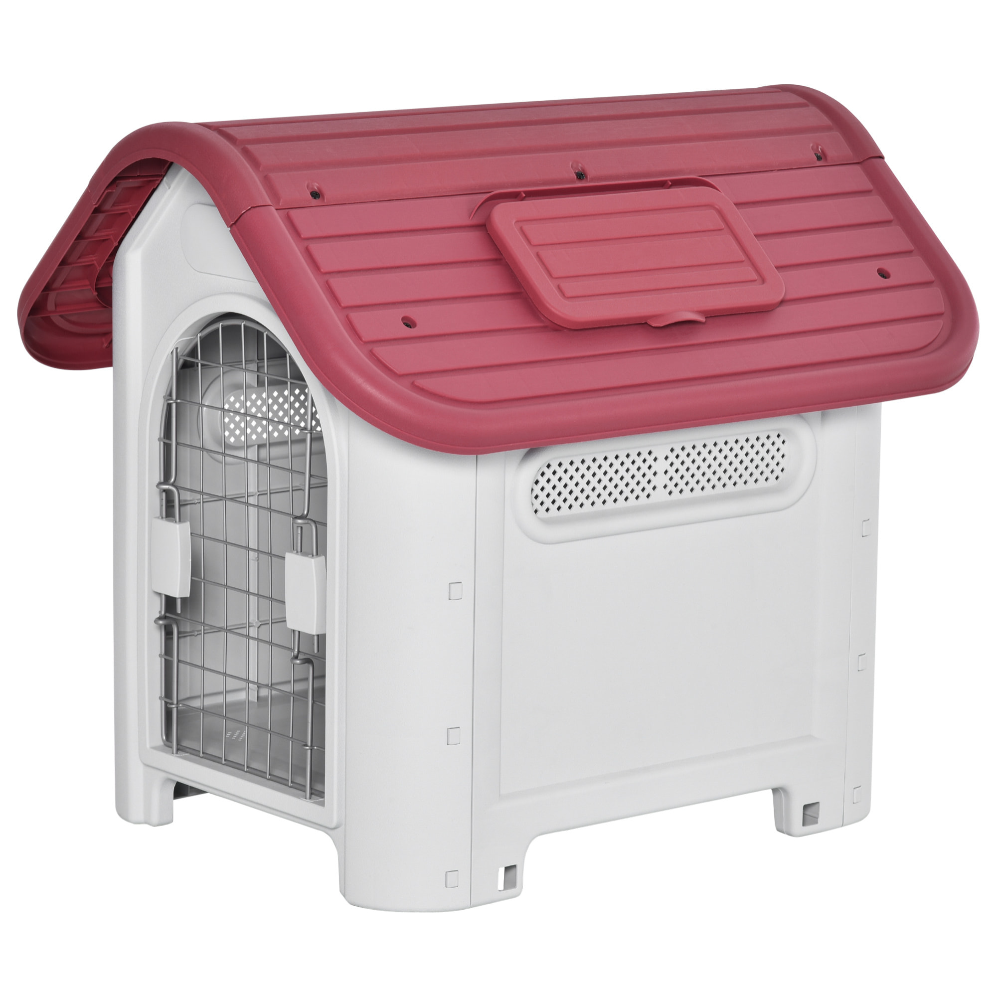 Niche pour chien plastique porte métal verrouillable aérations lucarne - 59 x 75 x 66 cm - gris clair rouge