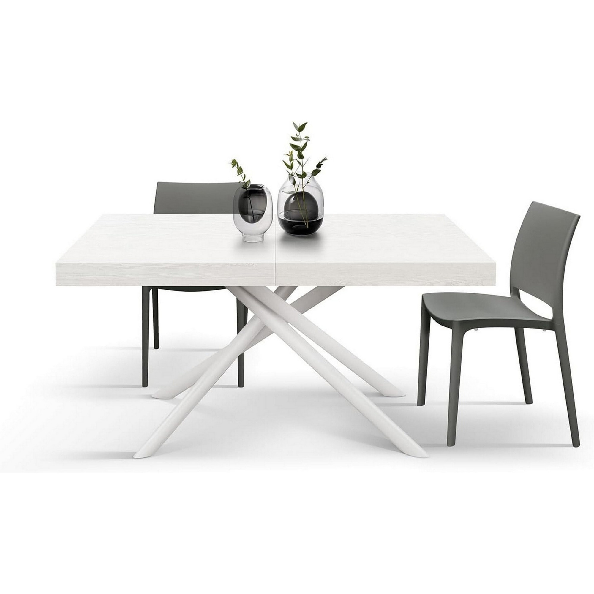 Tavolo CARRARA in legno, finitura bianco frassinato e base in metallo verniciato bianco, allungabile 140x90 cm - 220x90 cm