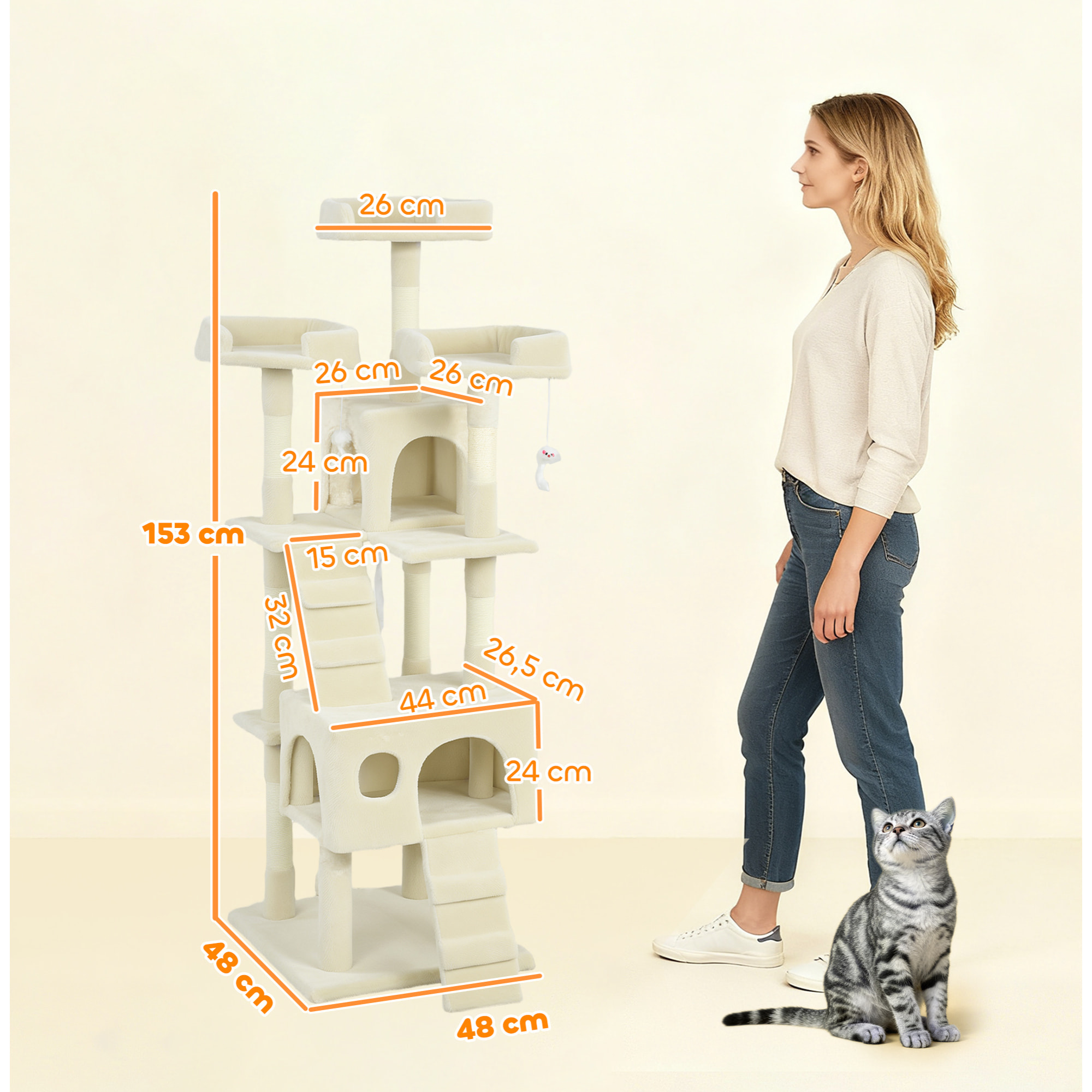 Árbol Rascador para Gatos, Árbol para Gatos 153 cm, Torre Escalador con 2 Cuevas, 3 Camas, 2 Rampas, Postes de Sisal, 2 Ratones Colgantes, Crema