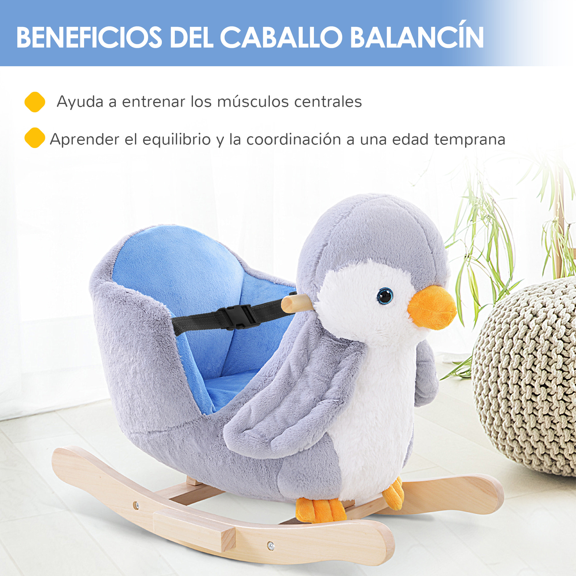 Caballito Balancín para Bebés de +18 Meses Forma de Pingüino Caballo Balancín de Madera con Músicas Infantiles y Palos Carga 40 kg 60x33x50 cm Gris