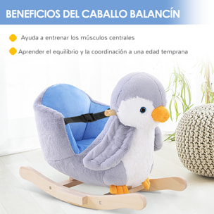Caballito Balancín para Bebés de +18 Meses Forma de Pingüino Caballo Balancín de Madera con Músicas Infantiles y Palos Carga 40 kg 60x33x50 cm Gris