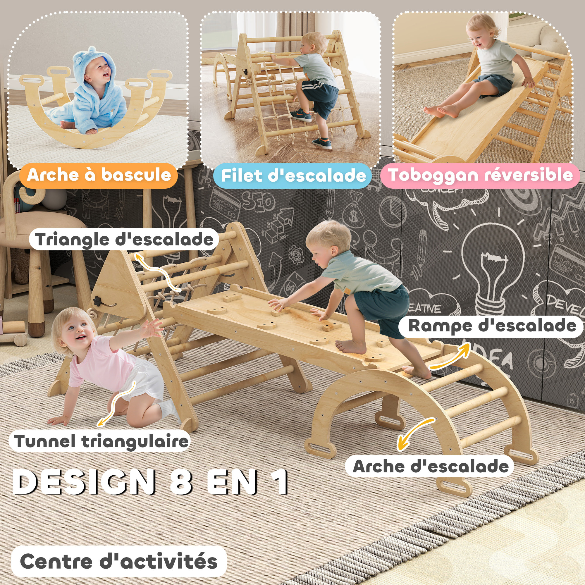 Triangle d'escalade enfant pliable 8 en 1 - aire de jeu enfant - bois naturel