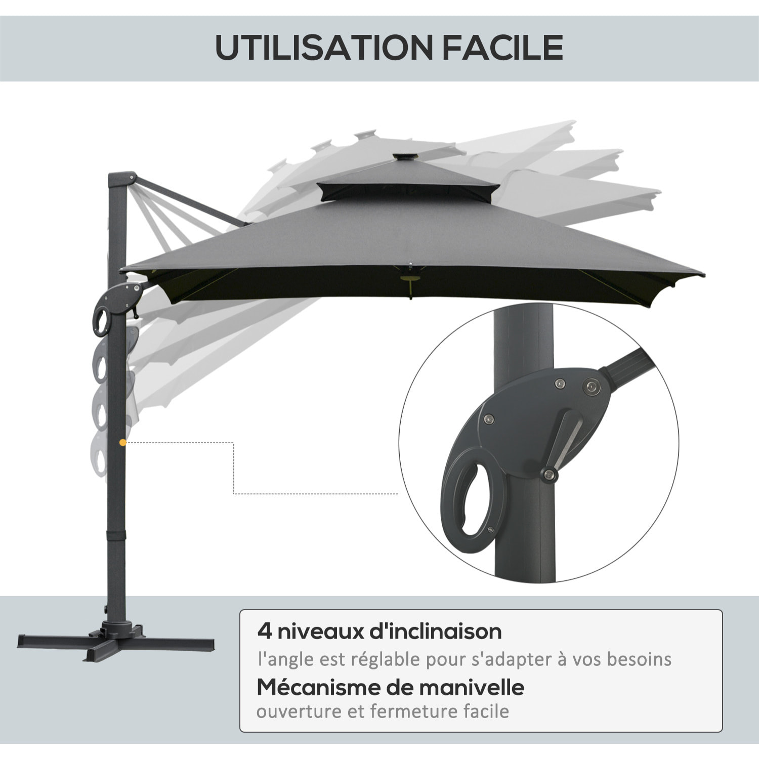 Parasol déporté rectangulaire parasol LED inclinable pivotant manivelle acier alu. dim. 3L x 3l x 2,66H m polyester gris