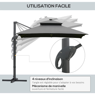 Parasol déporté rectangulaire parasol LED inclinable pivotant manivelle acier alu. dim. 3L x 3l x 2,66H m polyester gris