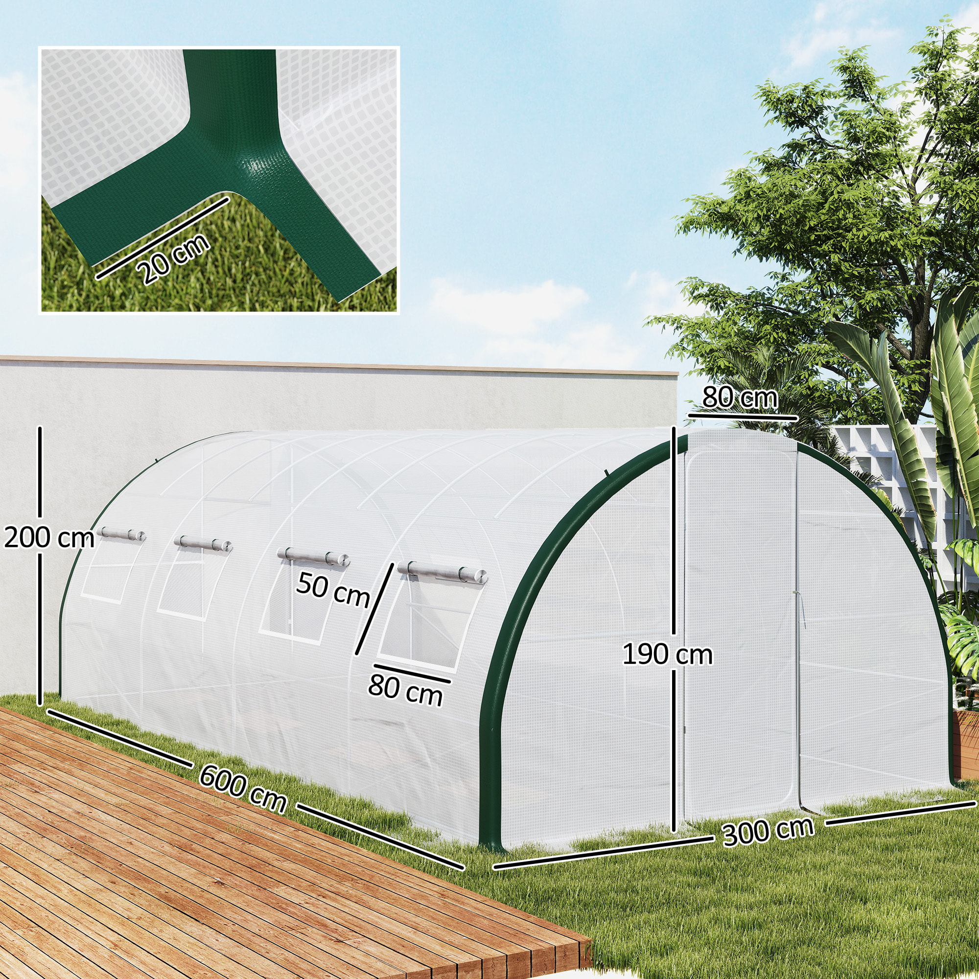 Serre de jardin tunnel 18 m² 8 fenêtres 2 portes articulées acier galvanisé PE haute densité blanc