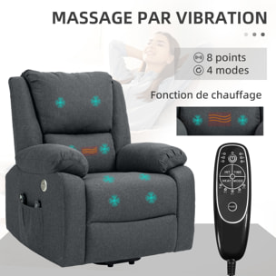 Fauteuil releveur relax massant électrique réglable - fonction chauffante, repose-pied, ports USB, télécommandes - tissu gris