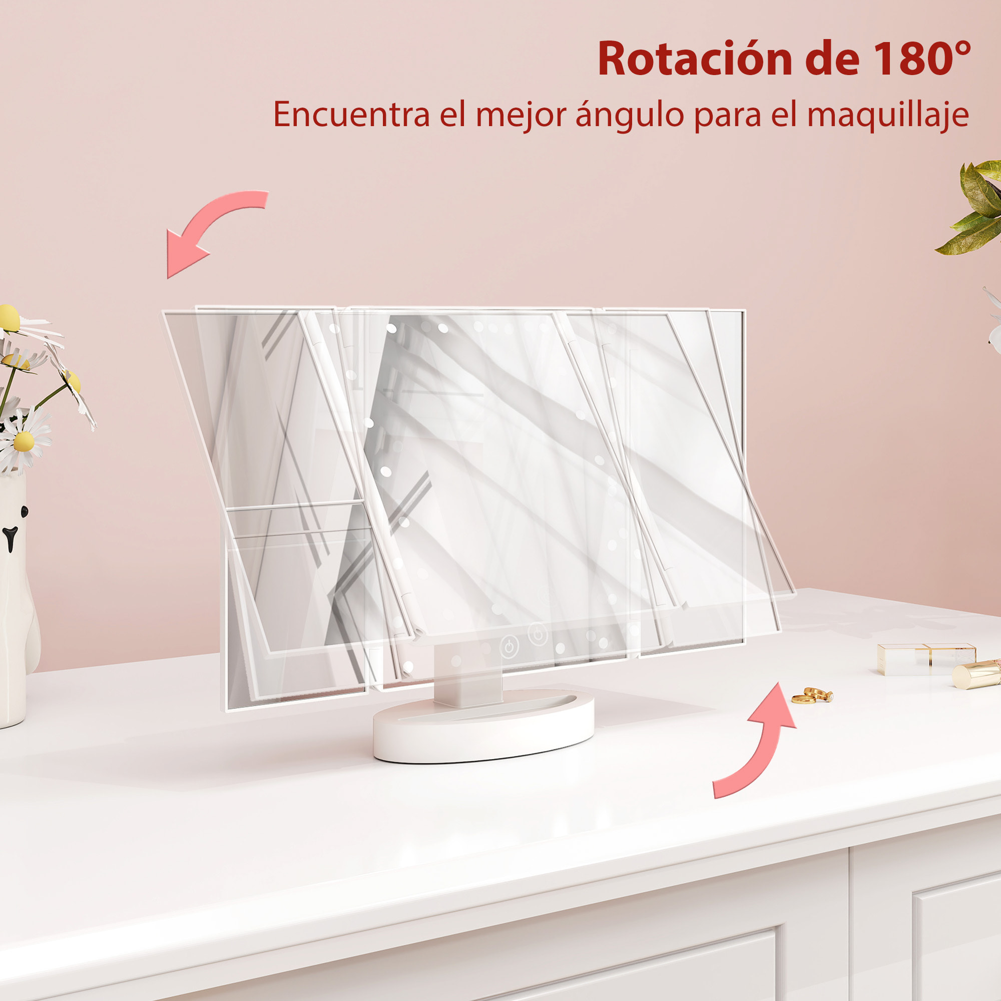 Espejo Maquillaje con Luz, Espejo Tocador Triple, con Aumento 1X/2X/3X, Rotación Libre de 180°, 21 Luces LED, Interruptor Táctil, Fuente de Alimentación Dual, Blanco