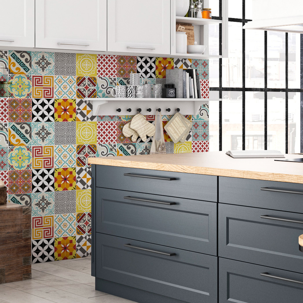 Stickers muraux - Sticker Mural Carrelage adhésif Cuisine Salle de Bain - 15 STICKERS CARRELAGES AZULEJOS MOSAÏQUE MULTICOLORE