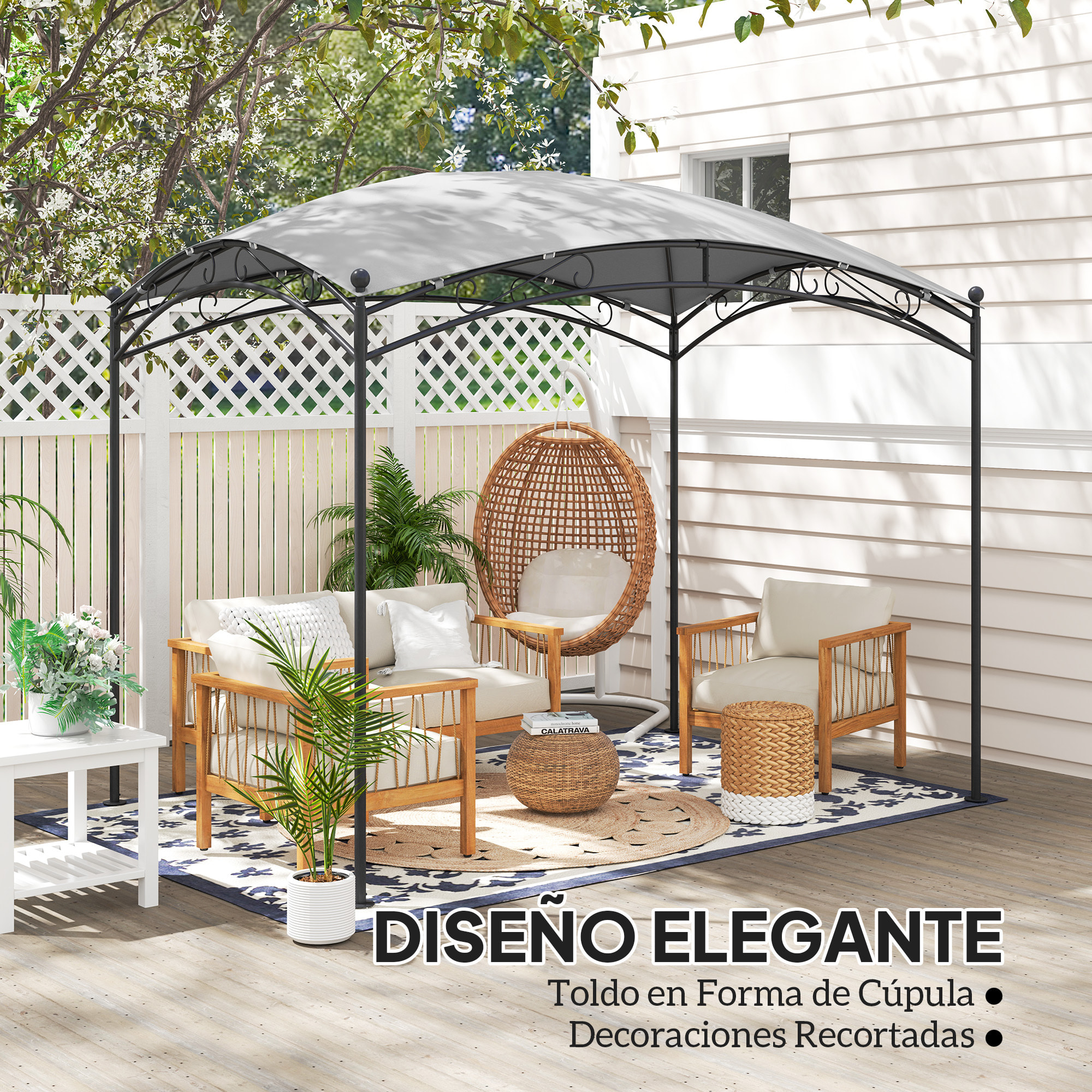 Cenador para Jardín 3x2 m Pérgola de Jardín Gazebo con Cúpula Elegante y Estructura Metálica Impermeable Carpa para Exterior Terraza Patio Gris