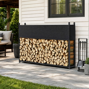 Outsunny Estante de Leña con Funda Oxford 600D y Cables, Leñero Exterior de Acero Galvanizado Robusto, Carga 500 kg, para Interior y Exterior, Jardín, Terraza, 202x25x113 cm, Negro