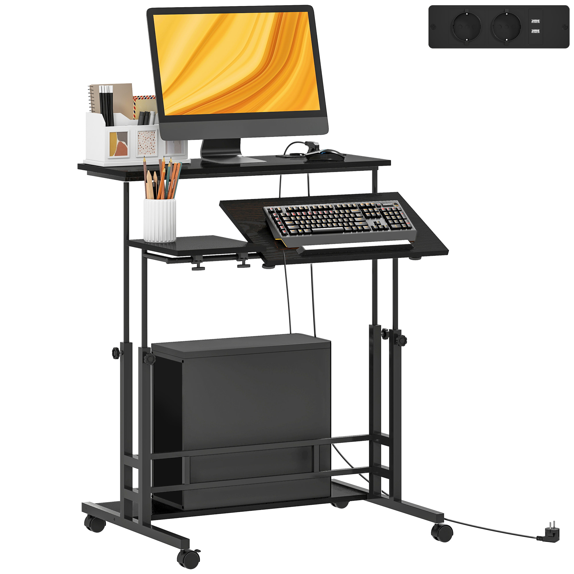 Escritorio Elevable con Ruedas, Enchufes, Puertos USB, Altura Ajustable, 80x60 cm, Escritorio de Pie con Panel Central Inclinado y Estante Inferior de Almacenamiento, para Oficina, Hogar, Negro